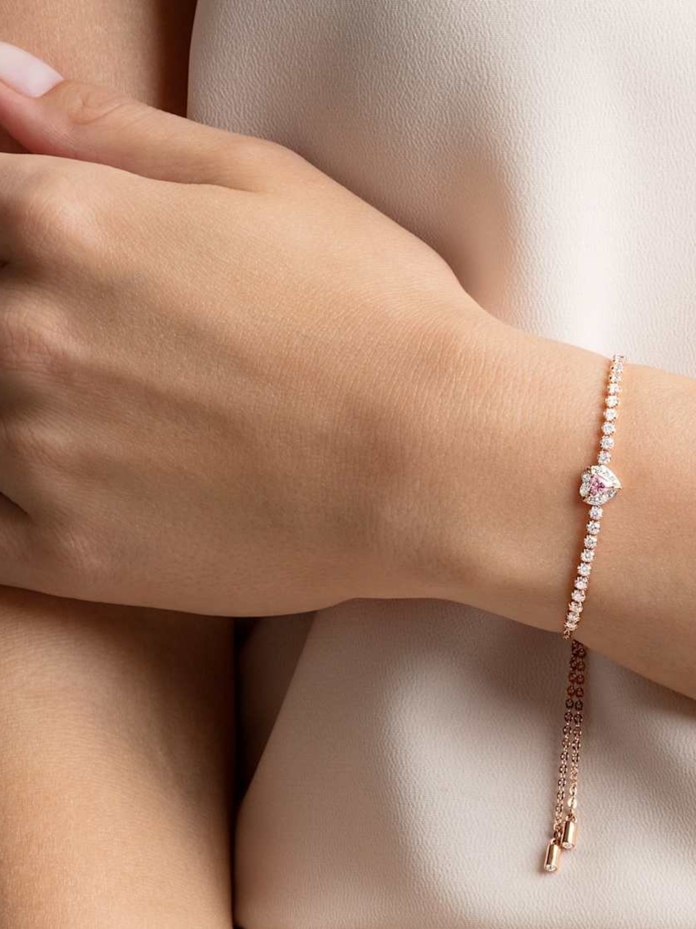 Rose Gold Tennis Bracelet with Pink Heart Accent